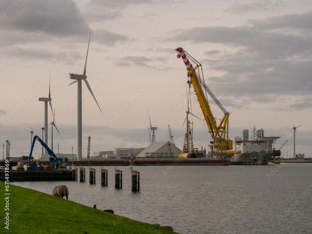 Factory produces windmills at seaport Eemshaven in the Netherlands