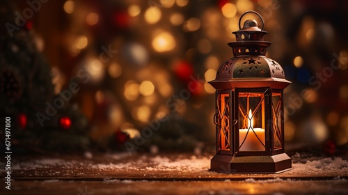 a lantern with a lit candle inside, set against a blurred background of a Christmas tree. It is a warm and cozy decoration that creates a festive atmosphere.
