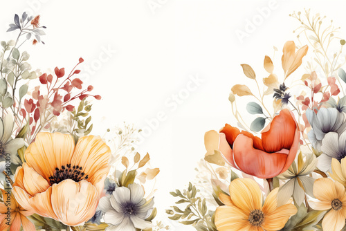 Watercolor flowers bouquet decoration isolated on white background with copyspace.