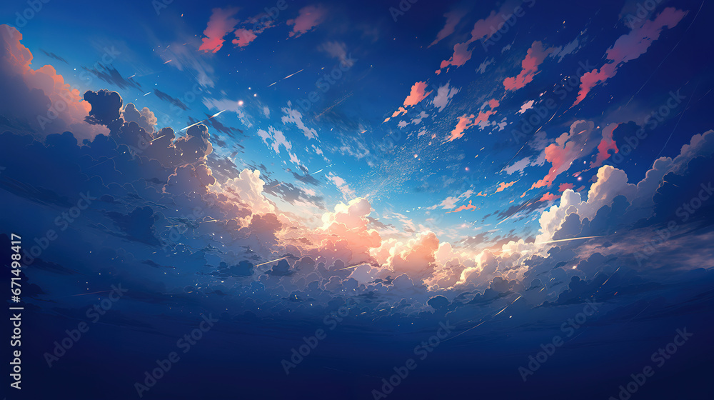 a wonderful artwork in anime style showing the sun shining through the clouds - obrazy, fototapety, plakaty 