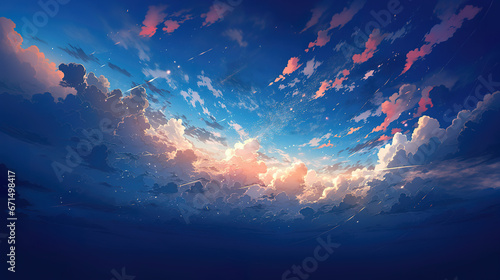 a wonderful artwork in anime style showing the sun shining through the clouds