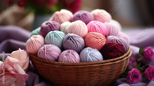 Wallpaper Mural Close-up of coloured skeins of wool thread in a wooden basket. Cosy hobby concept. Generative AI Torontodigital.ca