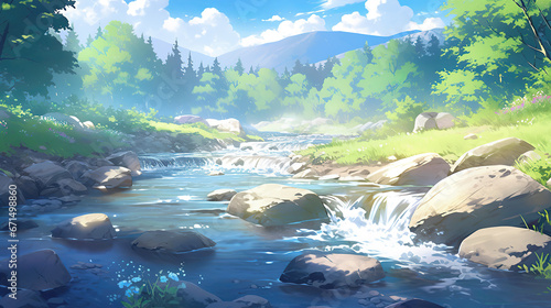 a river flowing scenery with little stones  sunny day  anime manga artwork