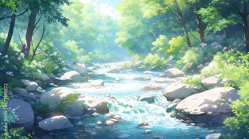 a relaxing chilling flowing river, anime artwork