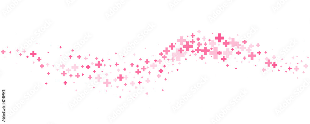 Medical cross and plus background. Abstract seamless pink background for hospital and pharmacy. Geometrical shapes ornament on border. Vector wavy backdrop - obrazy, fototapety, plakaty 