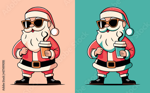 Santa holding takeaway coffee cup illustration. Cute and funny Santa Claus. Holiday season aesthetic drawing for coffee lovers, barista, coffee shops. Minimalist flat design vector for print products.
