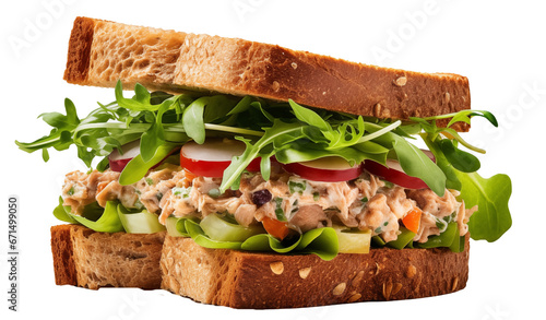Tuna salad sandwich with lettuce and arugula on whole grain bread isolated on white background