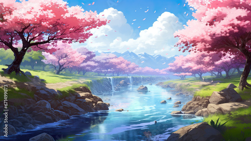 an asian inspired flowing river with cherry trees  anime artwork
