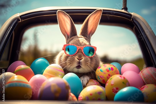 Cute Easter Bunny with sunglasses looking out of a car filed with easter eggs, Generative AI