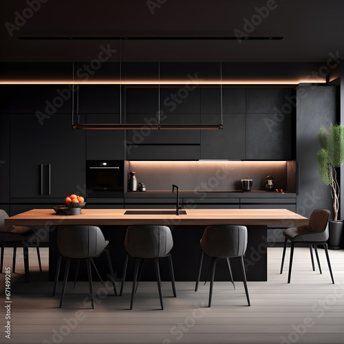 Modern kitchen interior in black colors, photographic