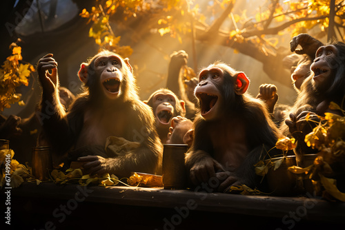 Illustration of monkeys near the banana plant in tropical forest