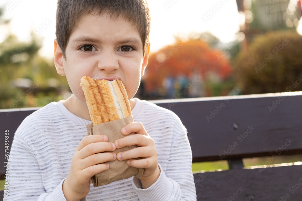 Little boy eating a hotdog while sitting on a bench in the park. Street fast food. Little boy eating a hotdog while sitting on a bench in the park. Street fast food.