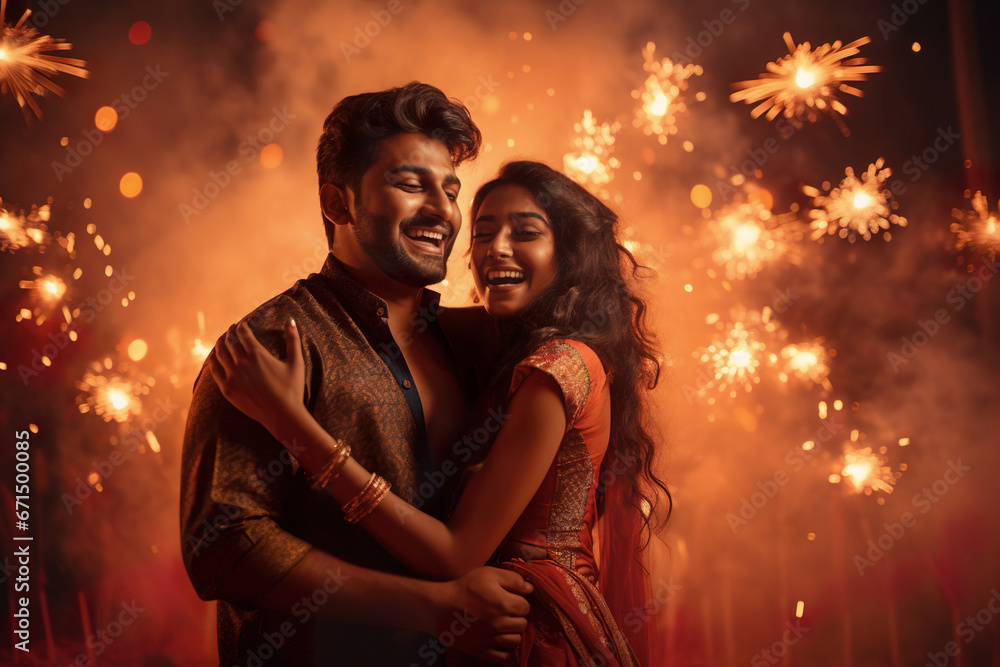 Happy young Indian couple having fun in the background of Diwali festival celebration. Diwali festival concept Happy young Indian couple having fun in the background of Diwali festival celebration. Diwali festival concept