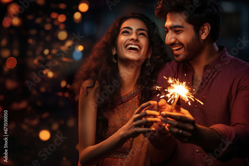 Happy young Indian couple having fun in the background of Diwali festival celebration. Diwali festival concept
