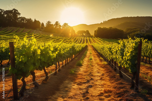 A picturesque vineyard in a beautiful green valley with mountains in the background. Growing using sustainable farming and irrigation methods