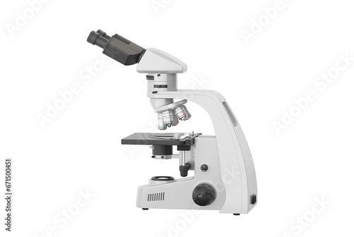 Realistic 3d illustration of a microscope. Pharmaceutical and educational tool. A magnifying tool for research. A symbol of science and chemistry. Isolated on white background