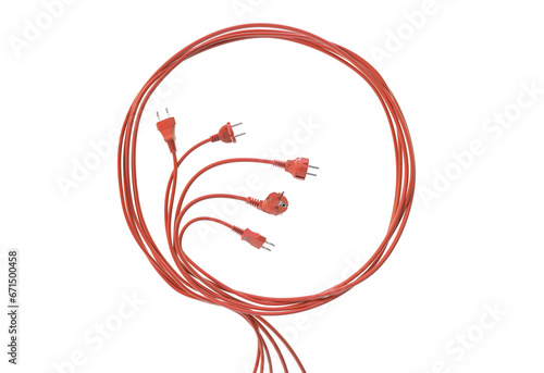 A bundle of wires with electrical plugs. Suitable for projects related to electricity, electrical wiring, technology, communication and network connectivity. 3D Illustration. White background.
