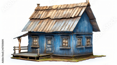 Old small blue wooden village house built of planks