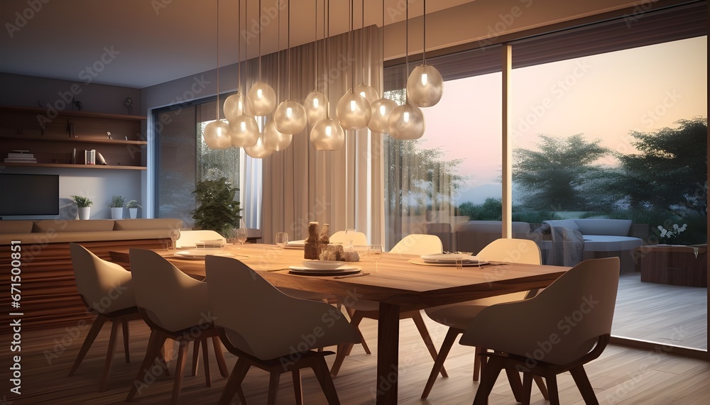 Cozy Dining Haven: Realistic 3D Design with Comfortable Space and Warm Lighting