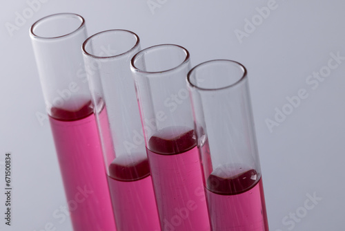 Wallpaper Mural Close up of laboratory test tubes with pink liquid and copy space on grey background Torontodigital.ca