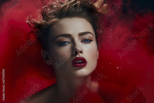 Close-up portrait of beautiful and sensual model wearing red lipstick, fashion banner for cosmetics, beauty, makeup business.