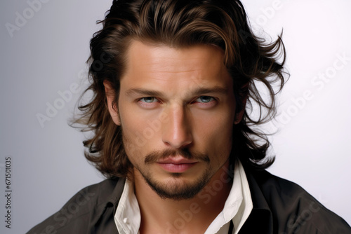 Close-up portrait of a seductive young man with long, unkempt hair. Neutral background, photo studio. Concept of male beauty and fashion.