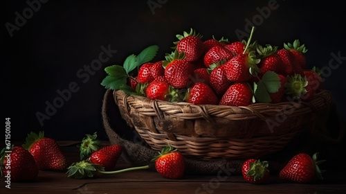 A basket of strawberries with green leaves on the bottom.