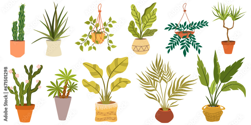 Urban jungle, House plants, fashionable home decor with plants, cacti, tropical leaves in stylish pots and wicker baskets. Flat vector illustration isolated on white background - obrazy, fototapety, plakaty 