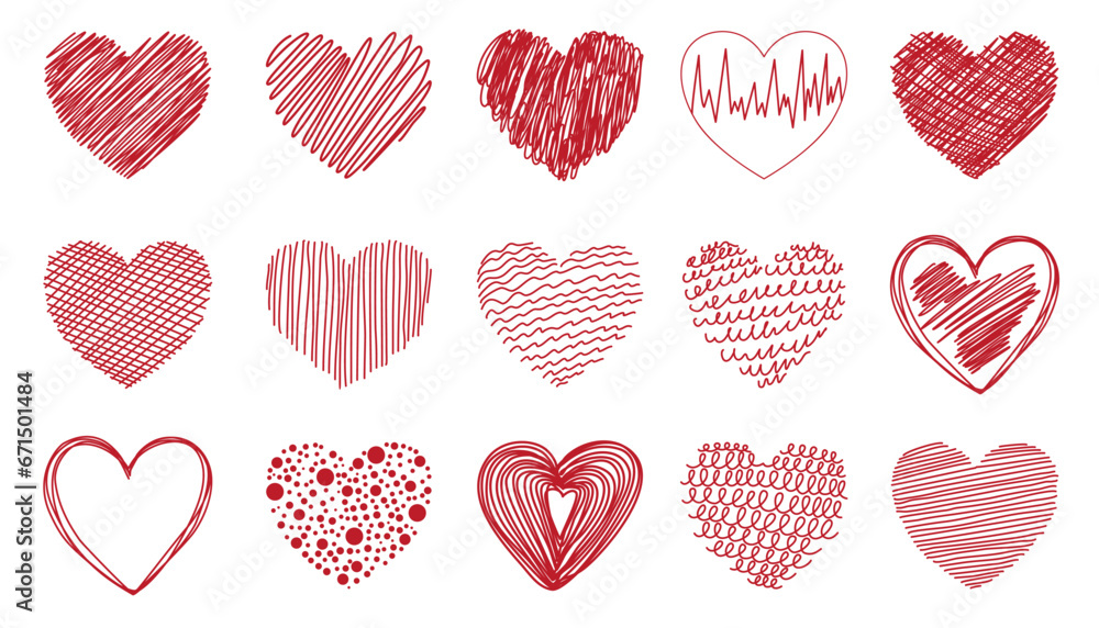 Red heart set. Collection of heart icon hand drawn vector for love logo, heart symbol, doodle icon, greeting card and Valentine's day. Painted grunge vector shape - obrazy, fototapety, plakaty 