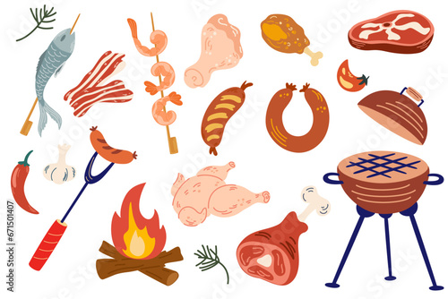 Barbecue Tool and Meat set. Meat steaks, chicken, sausages, grilled, bonfire, shrimp, garlic, pepper. Vector BBQ collection grill equipment in hand drawn style