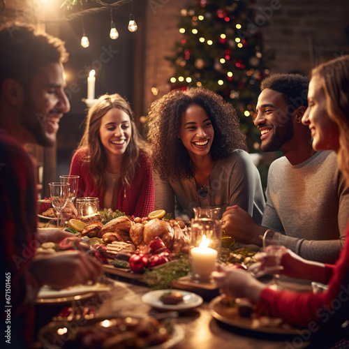 Group of friends celebrating Christmas. Table set and atmosphere of happiness  festive  gratitude. Concept of inclusion and friendship.
