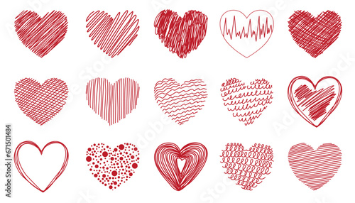 Red heart set. Collection of heart icon hand drawn vector for love logo, heart symbol, doodle icon, greeting card and Valentine's day. Painted grunge vector shape © PawLoveArt