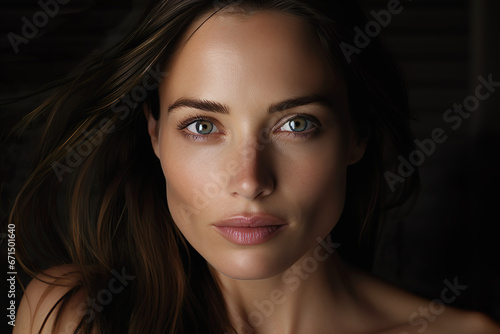Close-up portrait of a young girl with a natural look and flawless skin. Dark background. Concept of beauty, cosmetics, skin care.