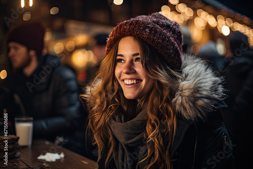 Cheerful young woman enjoys eve of winter holidays on Christmas market surrounded by Christmas lights outdoors