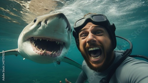 Happy smiling man makes selfie with crazy shark under water, close up