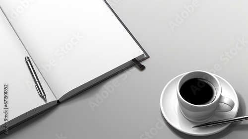 Home office, copy space.A pen and a notebook on grey ground with coffee photo