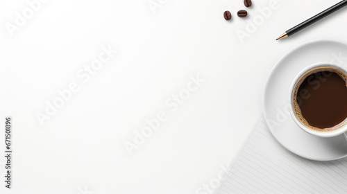 Top view office table desk. Workspace with blank,a pen, and a coffee on a white background.