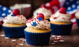 Patriotic cupcakes with sprinkles and American flag for 4th of July Holiday, Generative AI
