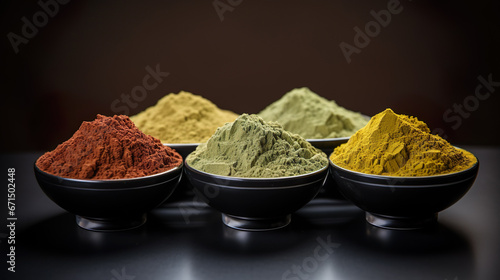Bowls with different types of spices on a black table, assortment. Ethnic food concept, health.