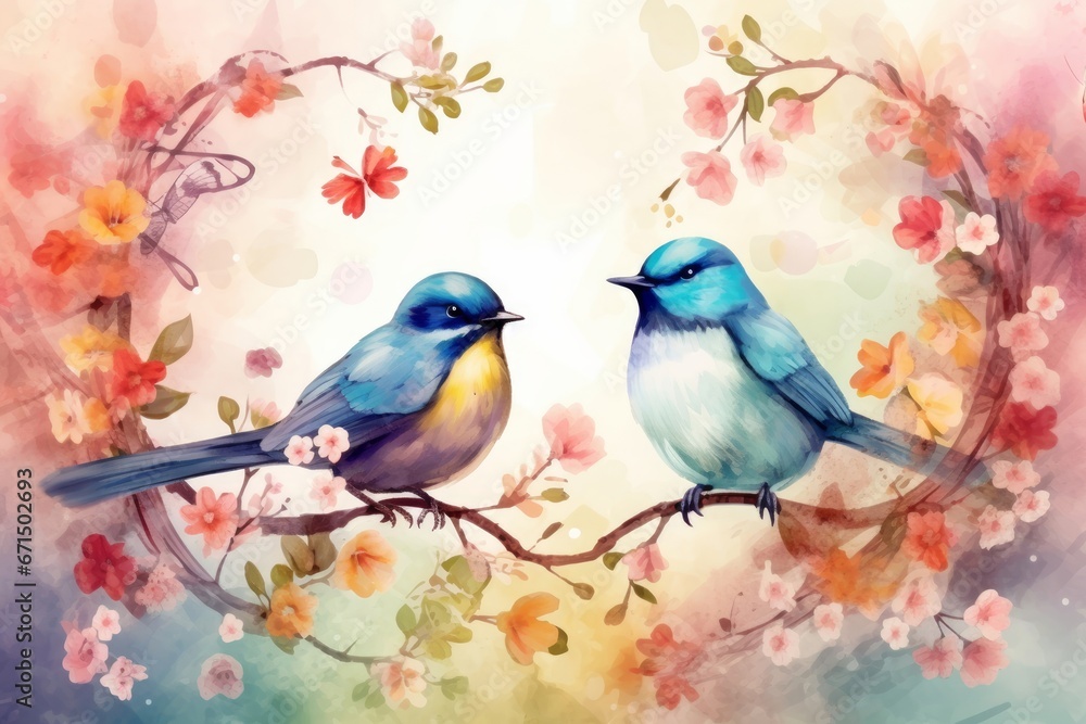 Spring background with birds and flowers, Generative AI