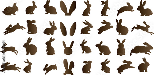 Rabbit silhouettes vector illustration, perfect for Easter, spring celebrations. Features adorable, fluffy bunnies in various poses - hopping, sitting, standing. Ideal for nature, wildlife themes