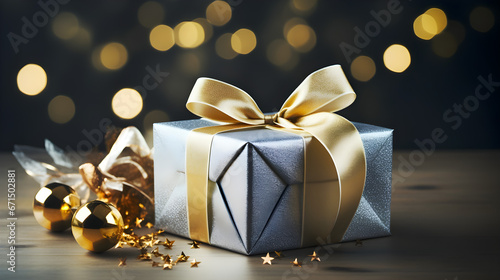 Golden Christmas gift box present with ribbon