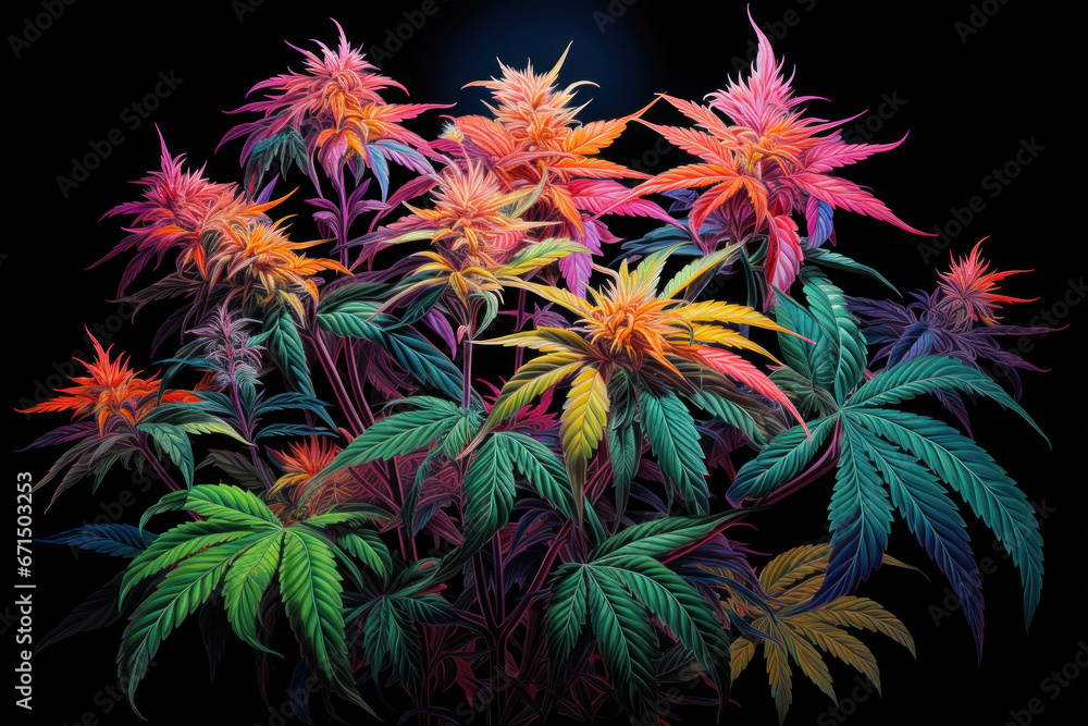 Glowing neon-colored cannabis plant on black background, psychedelic art
