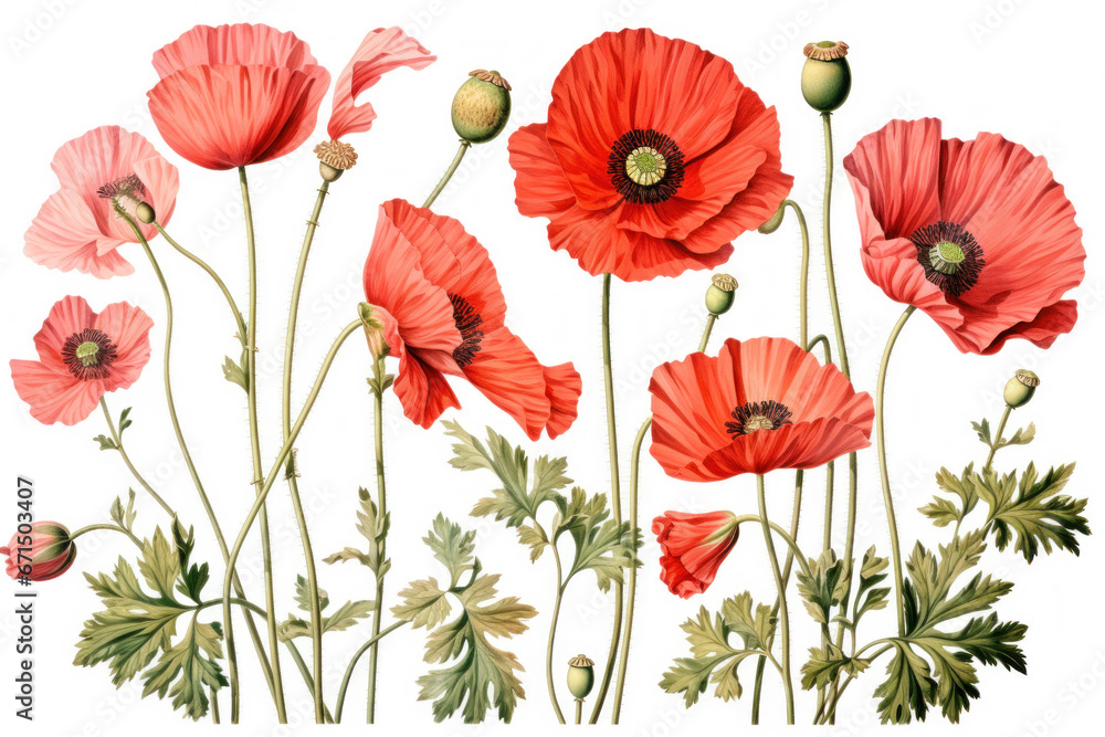 Creative botanical illustration of poppies on white background