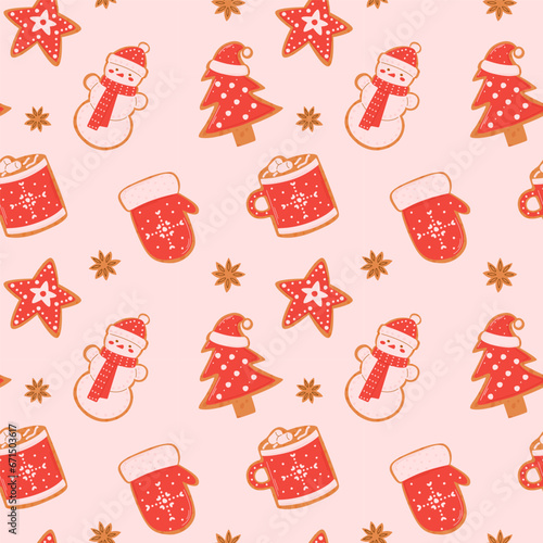 Seamless pattern with festive gingerbread cookies of different shapes