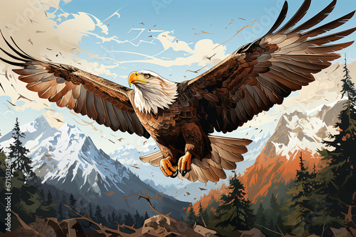 A flying American bald eagle with mountains in the backdrop