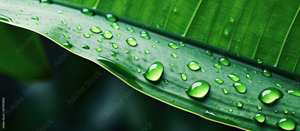 Water drops on a lovely banana leaf that is green and beautiful Water drops on a lovely banana leaf that is green and beautiful