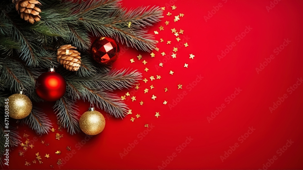 Christmas flat lay with pine, confetti and balls, on red background with copy space. Top view. Generative AI Christmas flat lay with pine, confetti and balls, on red background with copy space. Top view. Generative AI