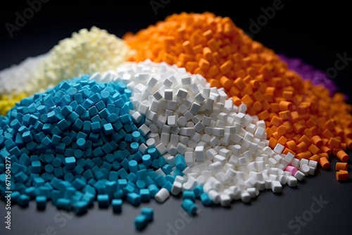 Close up of plastic polypropylene granules on a table, Generative AI