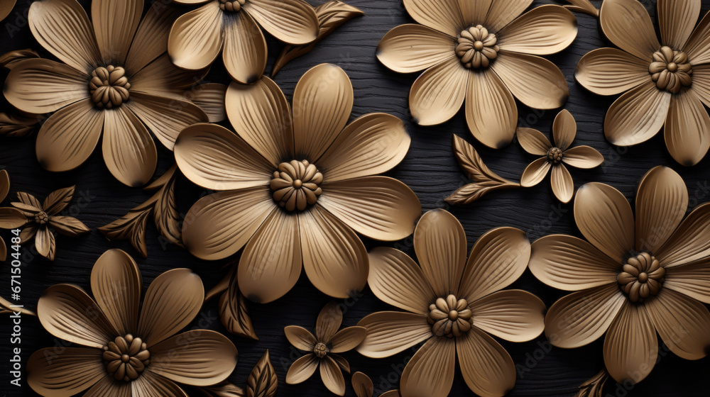 Beautiful seamless abstract color black and yellow flowers. Gold flower frame and brown leaves texture, dark background.
